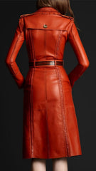 Women's Vibrant Orange Knee Length Leather Trench Coat TC25