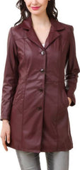 Women's Mid Length Burgundy Leather Trench Coat TC21