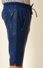 Men's Knee Length Blue Leather Shorts MH05