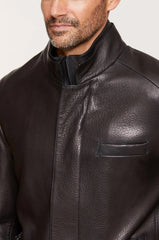 Men’s Leather Jacket with Zipper and Snap Button Closure MJ054