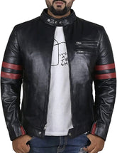 Men’s Lambskin Leather Motorcycle Jacket with Red Stripes MJ057