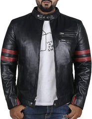 Men’s Lambskin Leather Motorcycle Jacket with Red Stripes MJ057