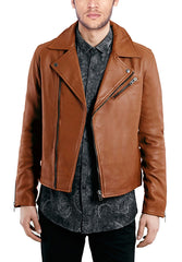 Men's Brown Leather Jacket with Notched Collar MJ034
