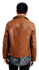 Men's Brown Leather Jacket with Notched Collar MJ034