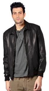 Men's Ribbed Black Genuine Leather Jacket MJ035
