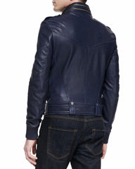 Men's Motorcycle Leather Jacket Navy Blue MJ010 - Travel Hide