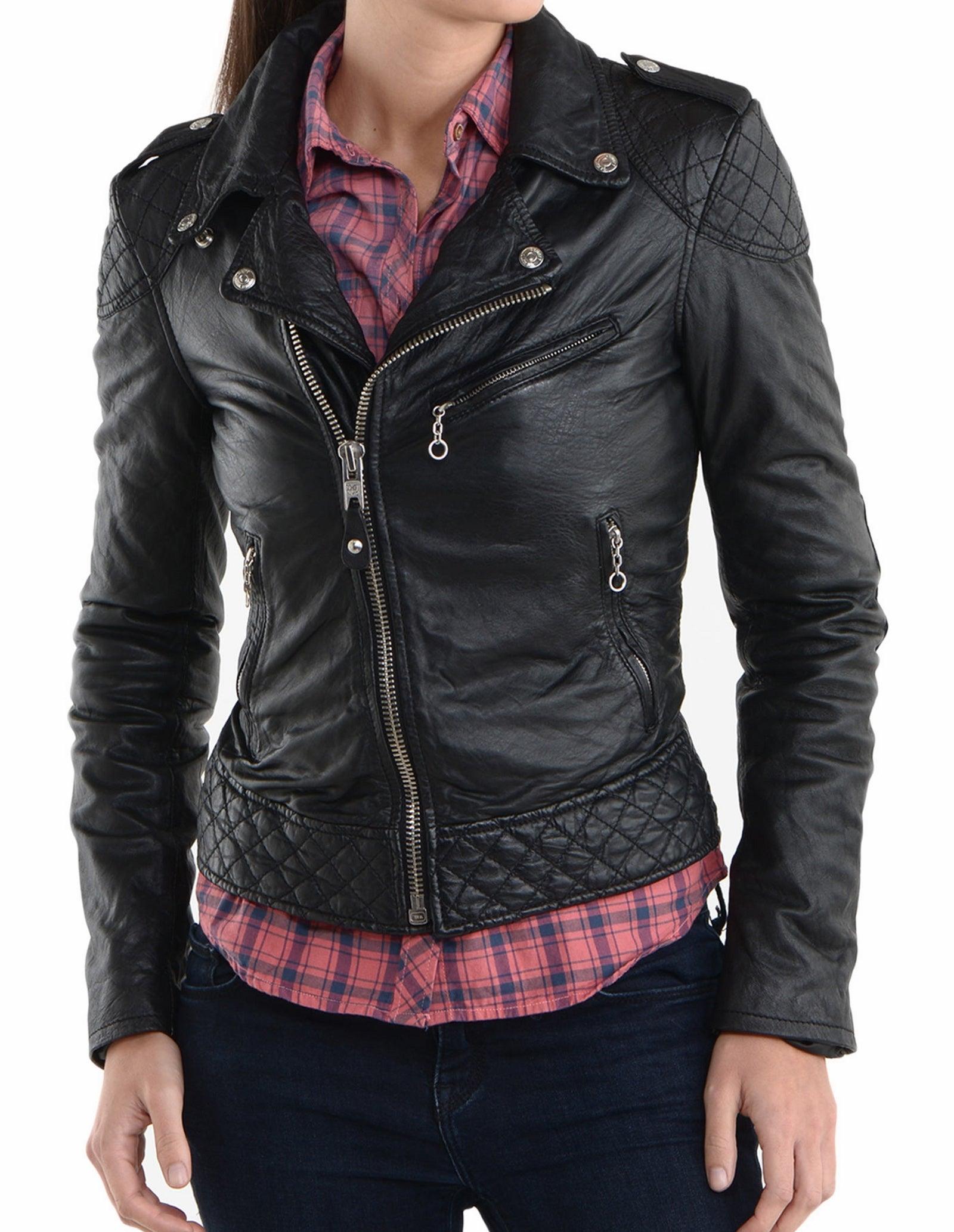 Women's Genuine Leather Motorcycle Jacket Black WJ005 - Travel Hide