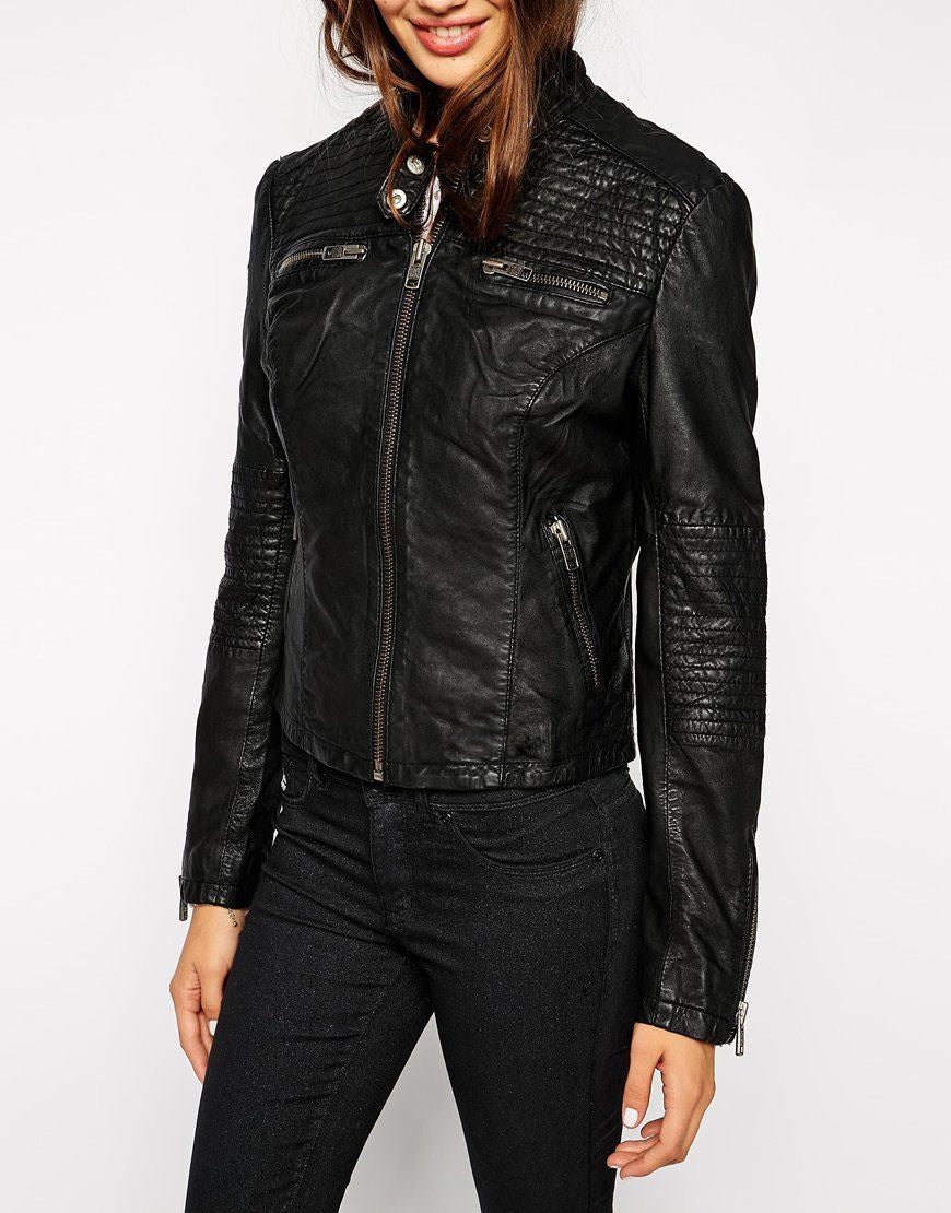 Women's Black Genuine Leather Motorcycle Jacket WJ037