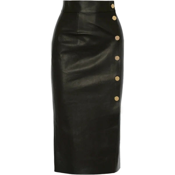 Elegant High Waist Lambskin Leather Midi Skirt WS41