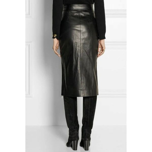 Elegant High Waist Lambskin Leather Midi Skirt WS41