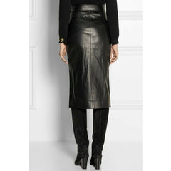 Elegant High Waist Lambskin Leather Midi Skirt WS41