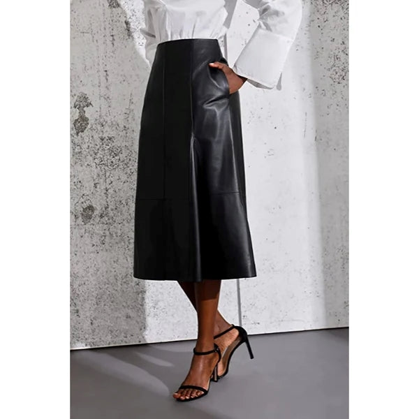 Women’s Lambskin Leather Below Knee A-Line Skirt WS36