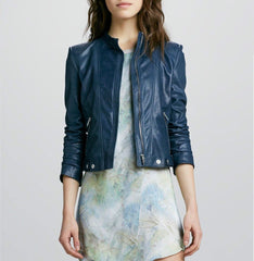 Women's Blue Stylish Genuine Leather Jacket WJ022