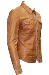 Men's Camel Beige Leather Slim Fit Shirt with Modern Flair MS04