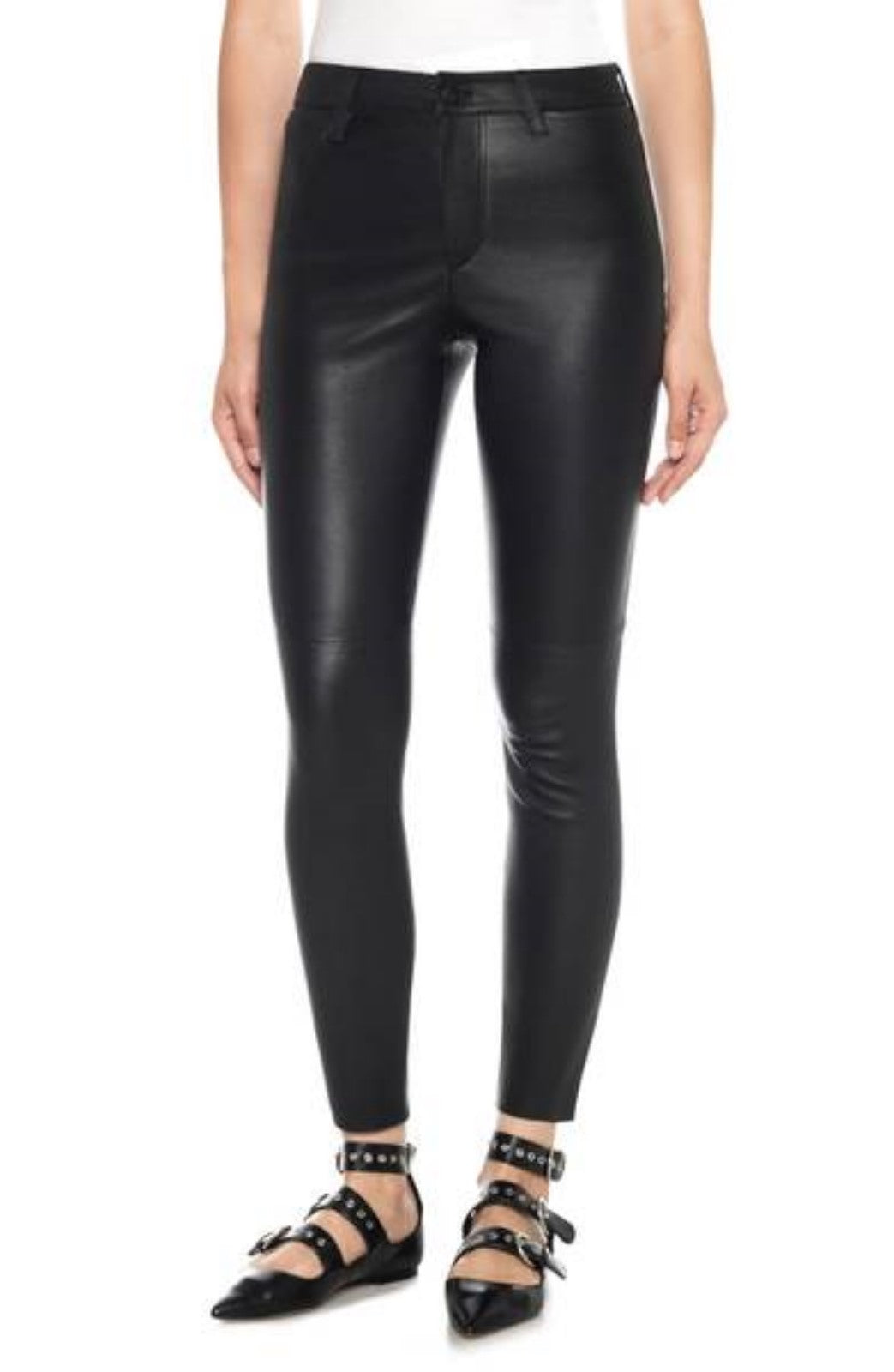 Women's Black Leather Ankle Length Skinny Pants WP09