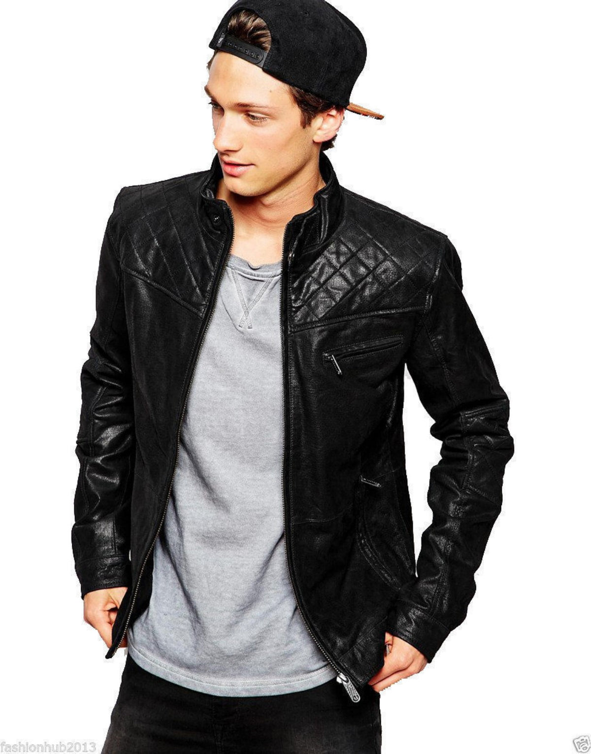 Men's Quilted Shoulders Leather Motorcycle Jacket MJ048