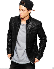 Men's Quilted Shoulders Leather Motorcycle Jacket MJ048