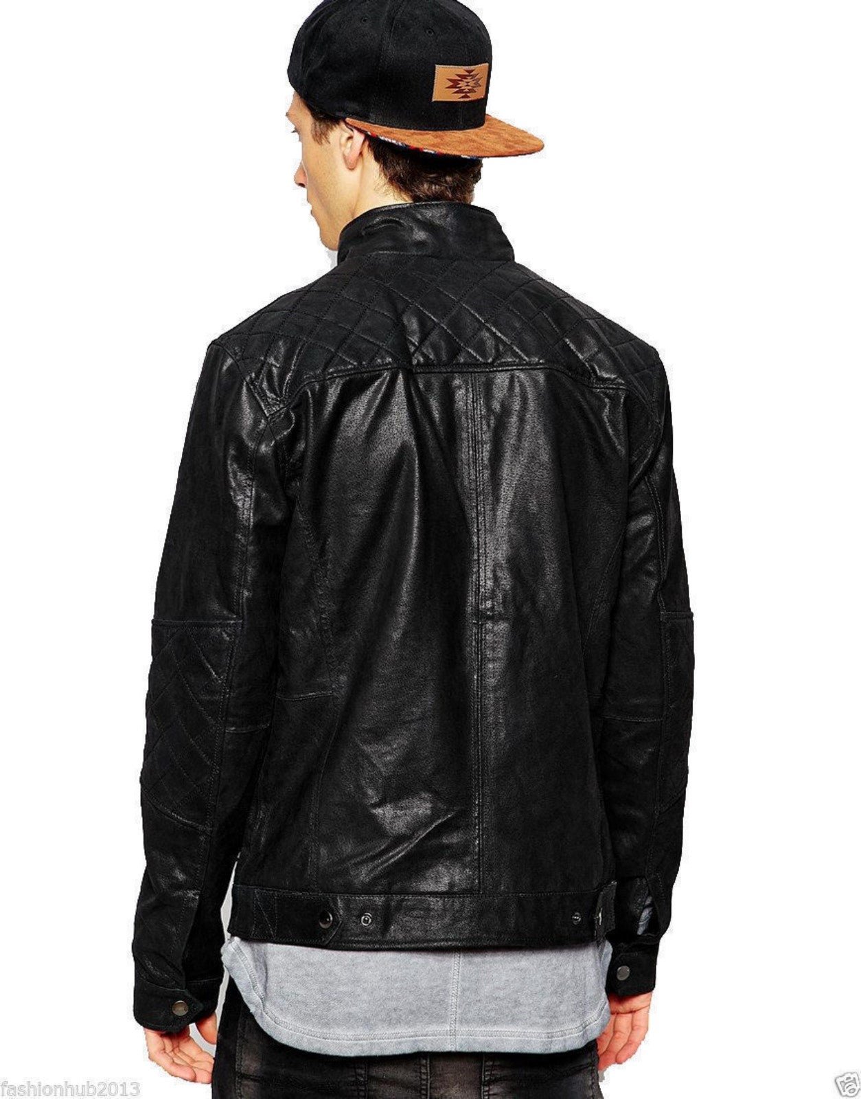 Men's Quilted Shoulders Leather Motorcycle Jacket MJ048