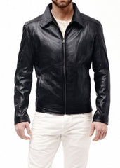 Men's Black Leather Spread Collar Jacket MJ046