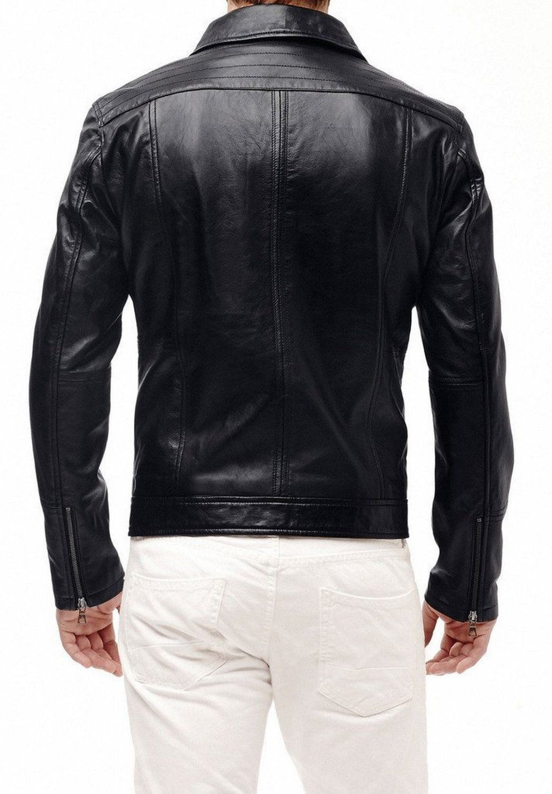 Men's Black Leather Spread Collar Jacket MJ046