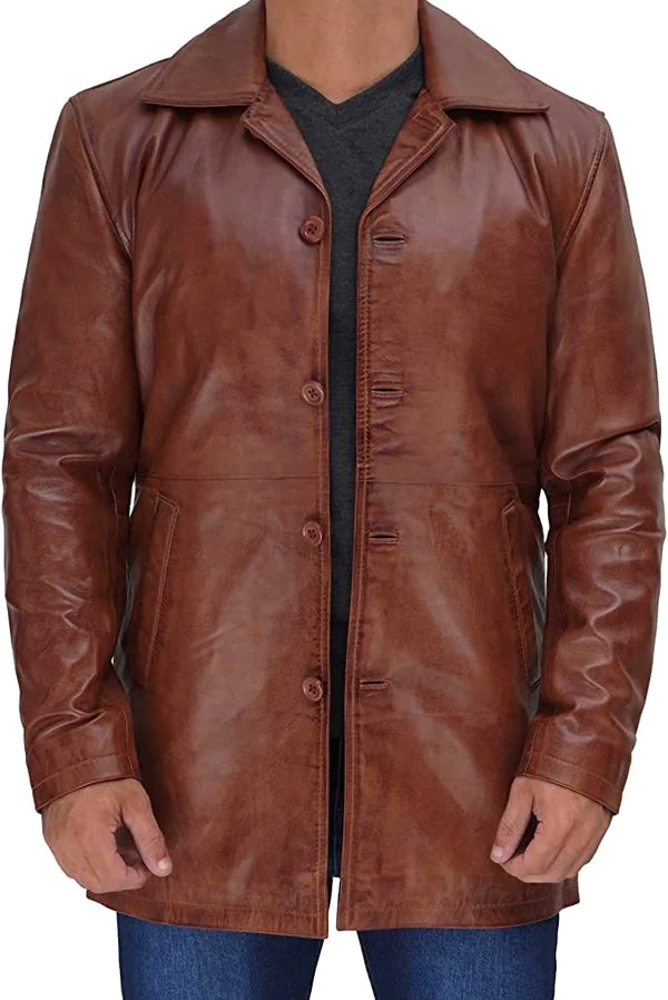 Men’s Brown Lambskin Leather Mid Length Coat MC24