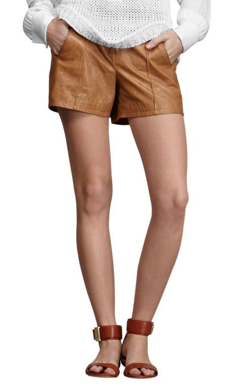 Women's Tan Leather Shorts with Classic Pockets WH10