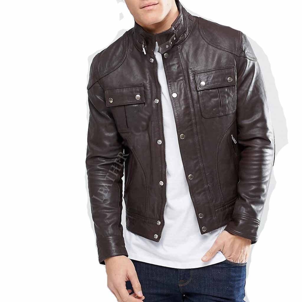 Men's Dark Brown Leather Jacket with Patch Pockets MJ032