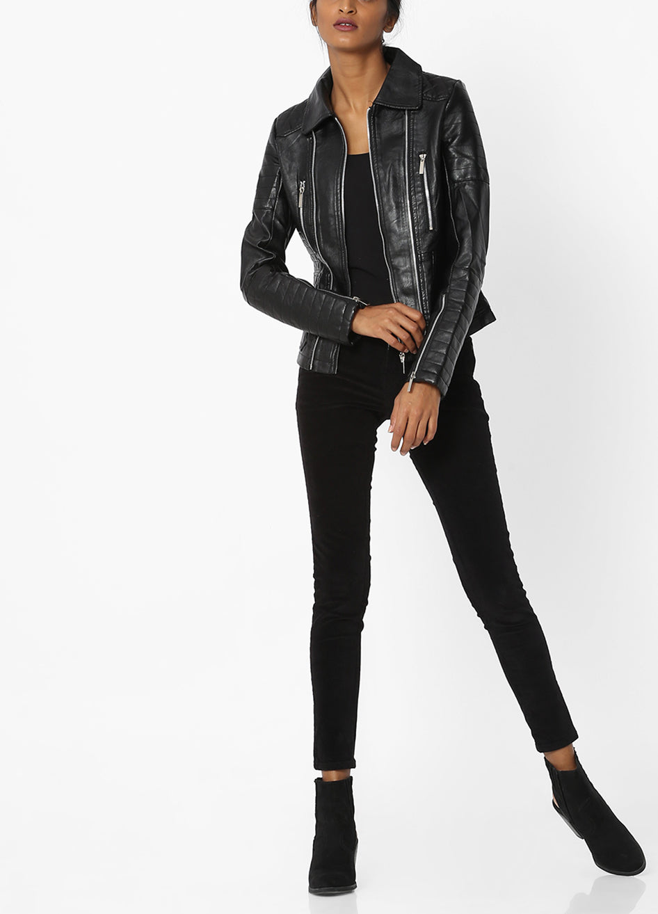 Women's Black Leather Jacket with Zipper Details WJ062