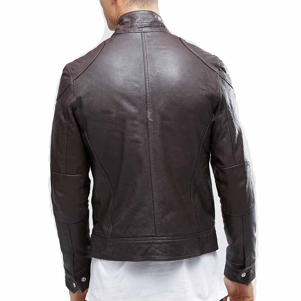 Men's Dark Brown Leather Jacket with Patch Pockets MJ032