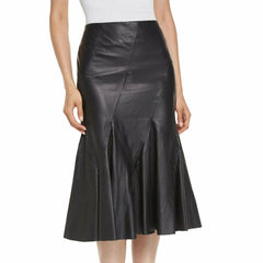 Women's Below Knee Black Leather Godet Skirt WS10