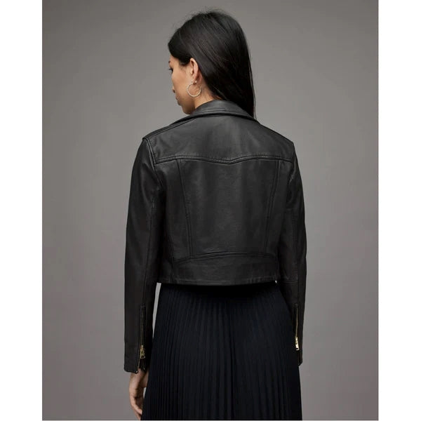 Women’s Lambskin Leather Cropped Motorcycle Jacket WJ074