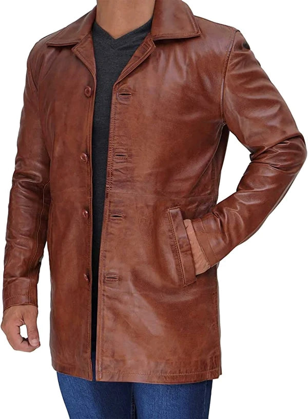 Men’s Brown Lambskin Leather Mid Length Coat MC24