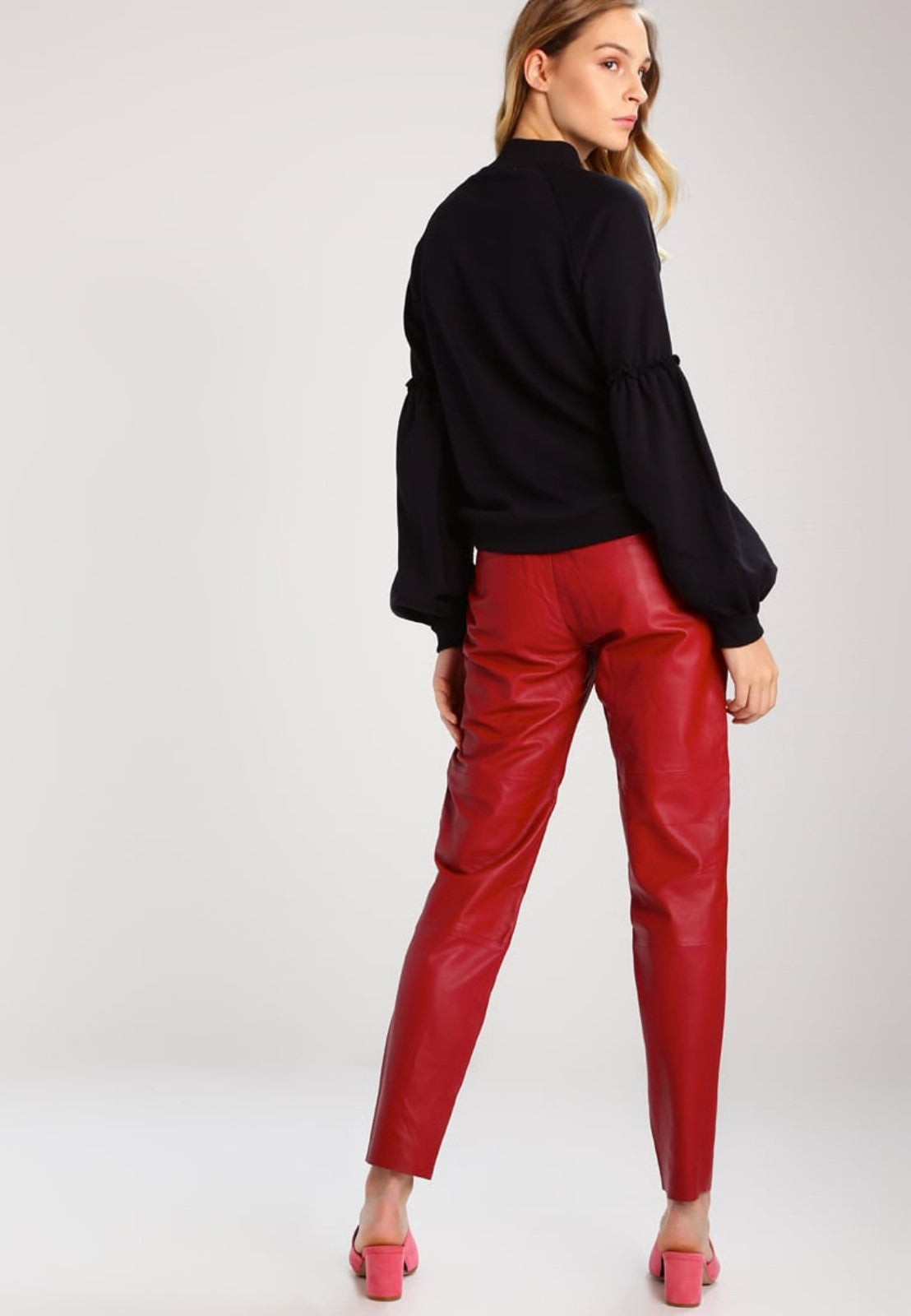 Women's Slim Fit Ankle Length Red Leather Pants WP18