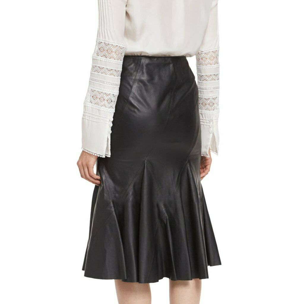 Women's Below Knee Black Leather Godet Skirt WS10