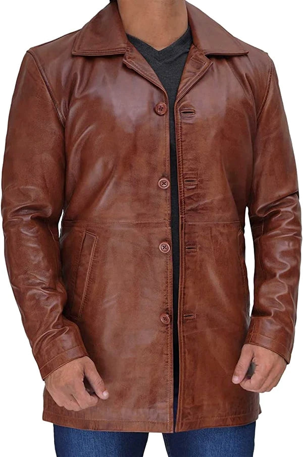 Men’s Brown Lambskin Leather Mid Length Coat MC24