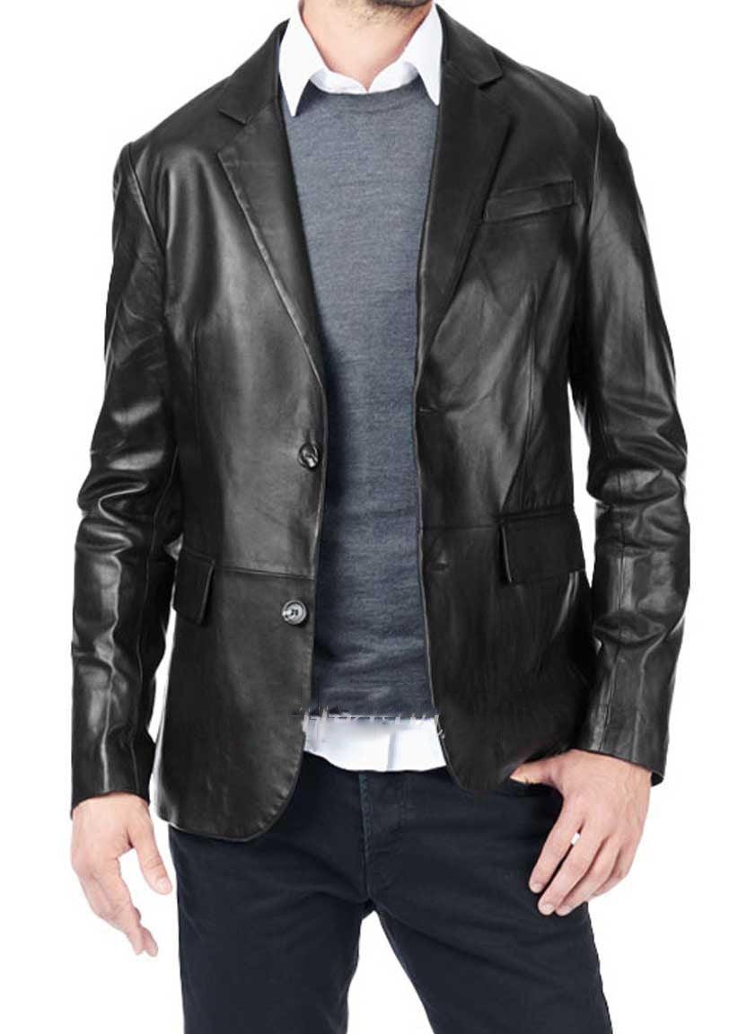 Men's TWO BUTTON Black Leather Blazer TB017 - Travel Hide