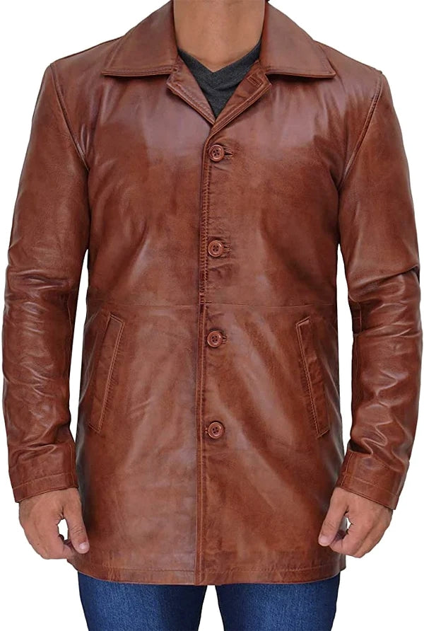 Men’s Brown Lambskin Leather Mid Length Coat MC24