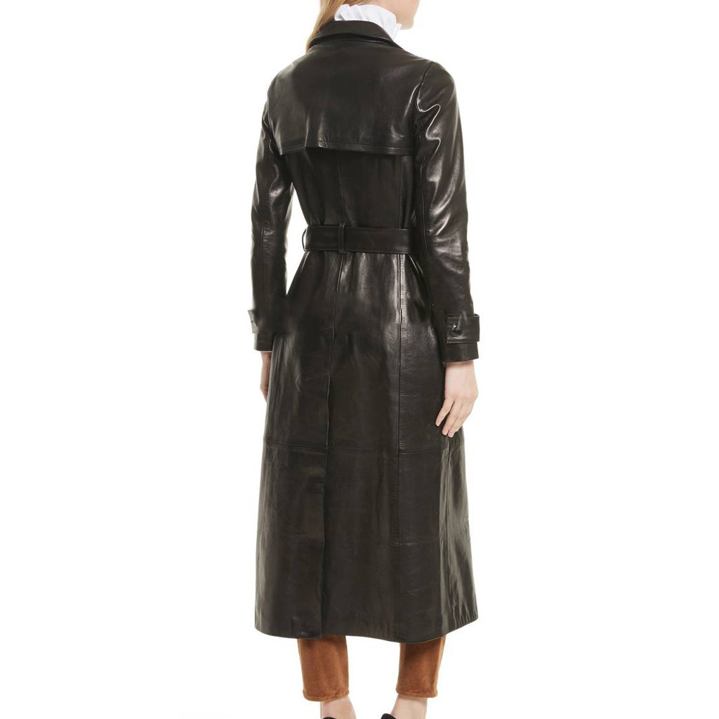 Women's Full Length Double Breasted Leather Trench Coat TC18