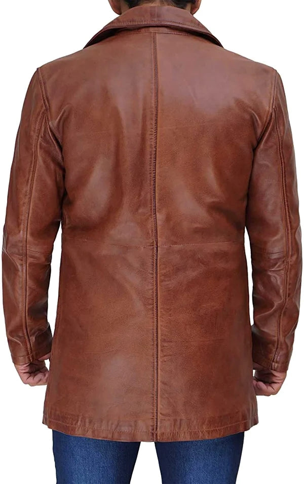 Men’s Brown Lambskin Leather Mid Length Coat MC24