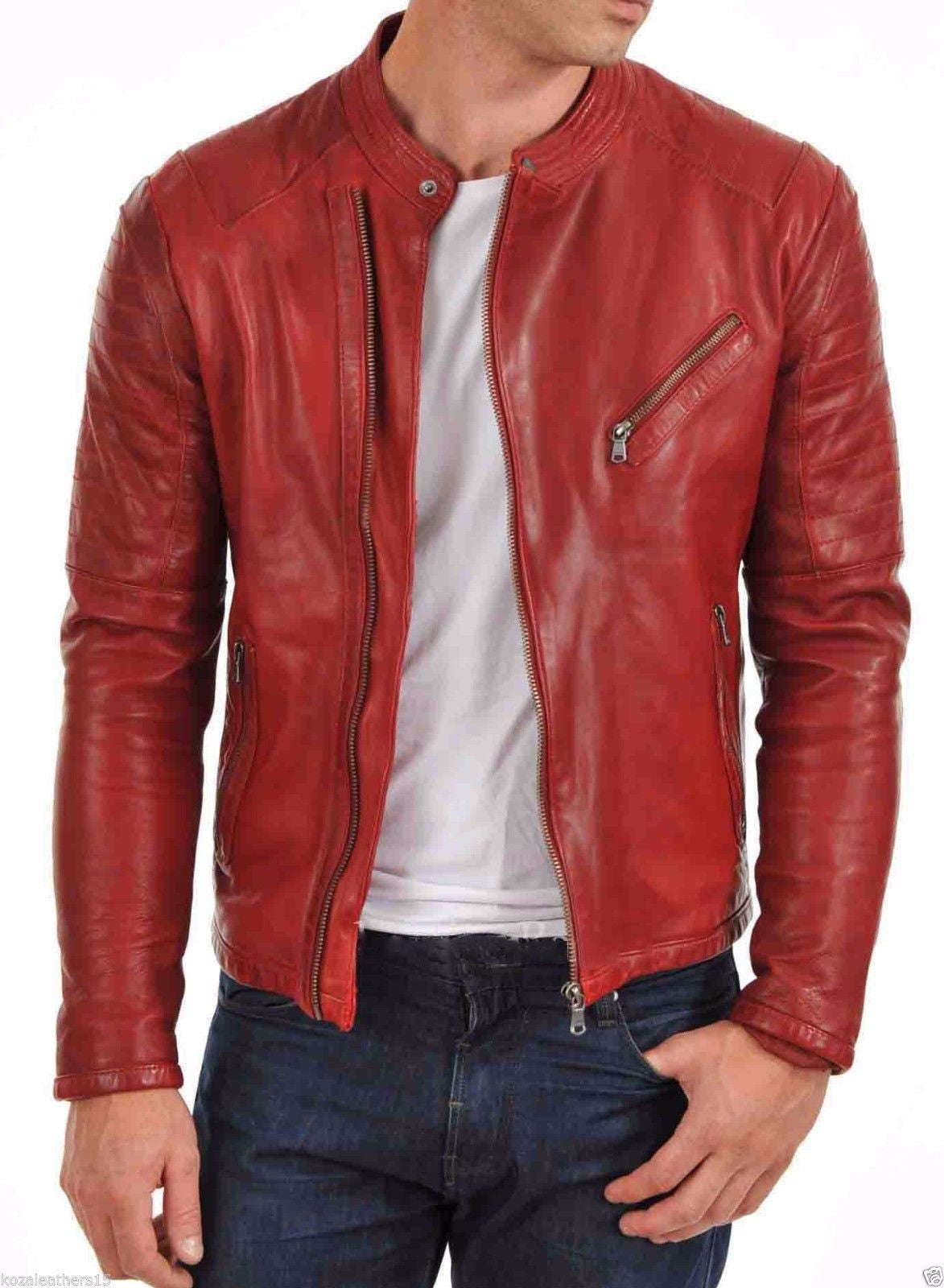 Men's Red Leather Motorcycle Jacket MJ044