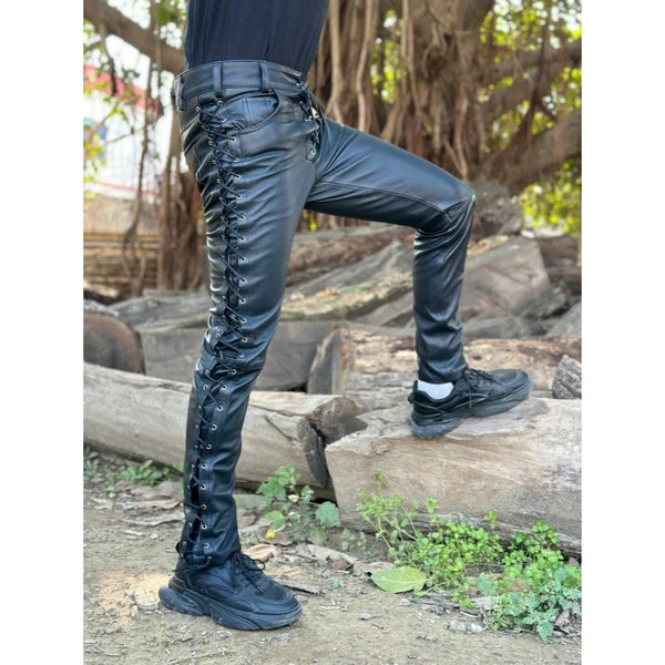 Men’s Slim Fit Lambskin Leather Laced Pants MP37