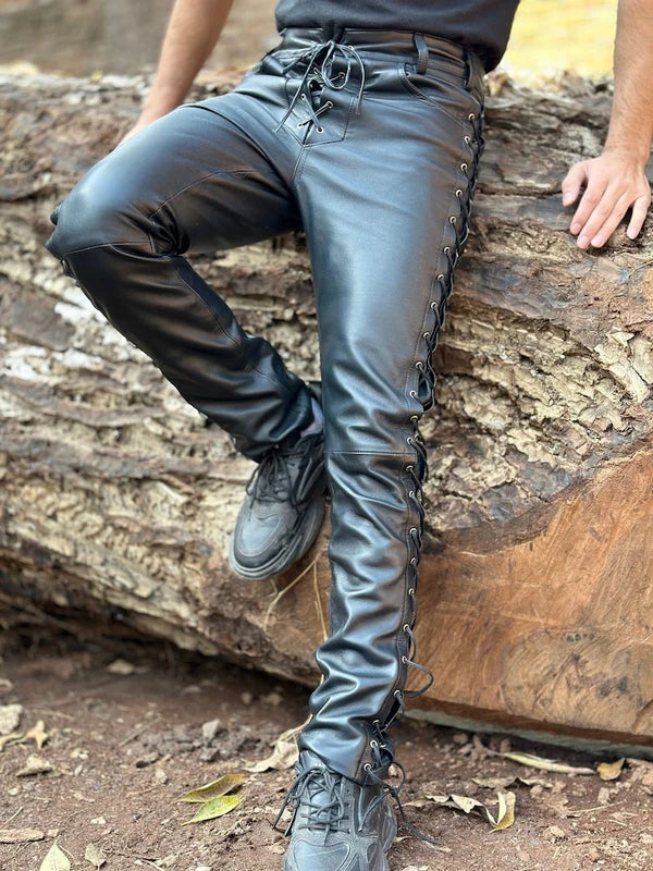 Men’s Slim Fit Lambskin Leather Laced Pants MP37