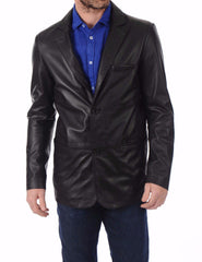 Men's TWO BUTTON Black Leather Blazer TB019 - Travel Hide