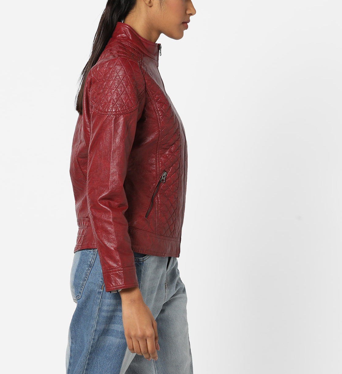 Women's Burgundy Leather Jacket with Quilted Design WJ064