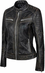 Women's Vintage Distressed Black Leather Biker Jacket WD01