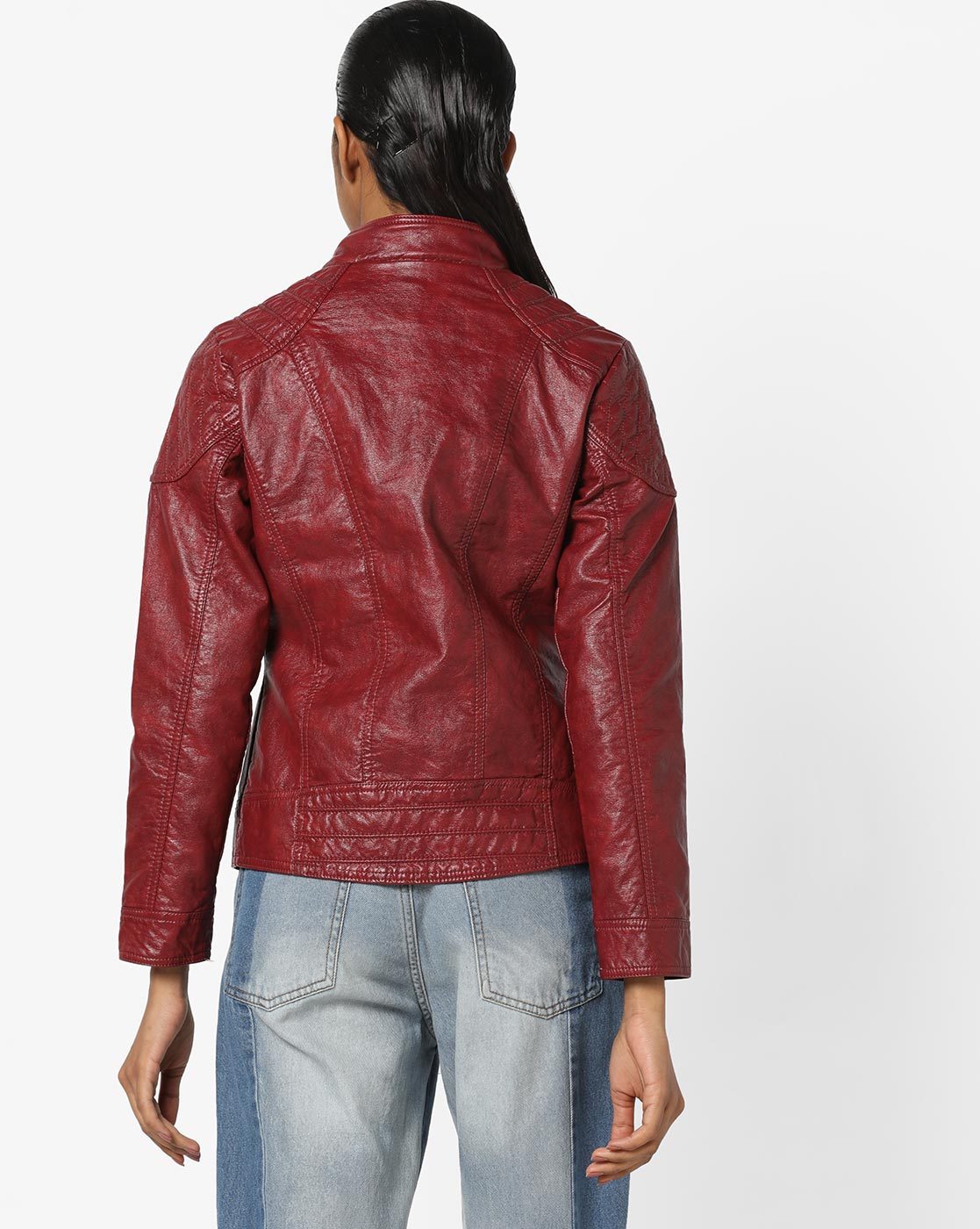 Women's Burgundy Leather Jacket with Quilted Design WJ064