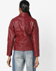 Women's Burgundy Leather Jacket with Quilted Design WJ064