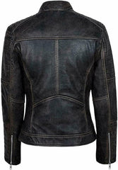 Women's Vintage Distressed Black Leather Biker Jacket WD01