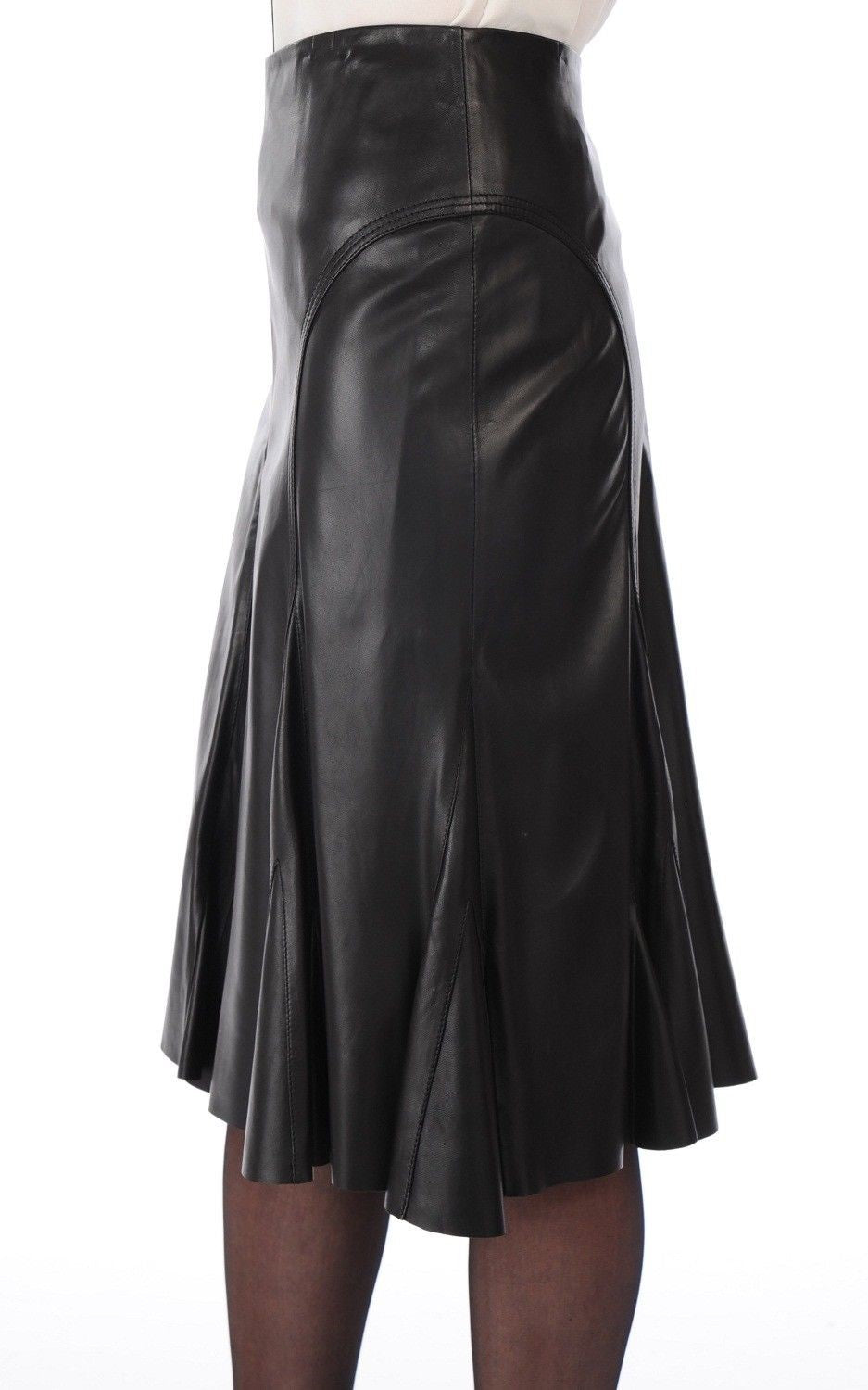 Women's Knee Length Black Leather Godet Skirt WS19