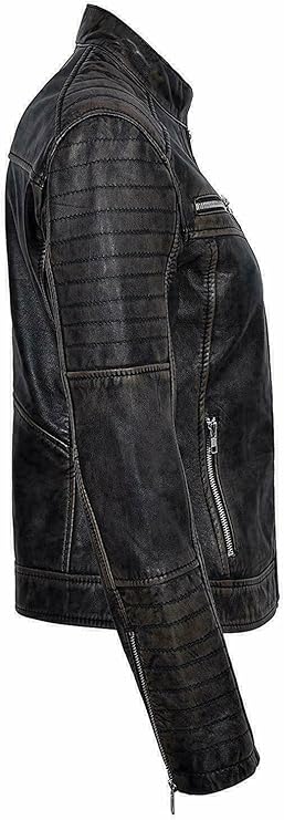 Women's Vintage Distressed Black Leather Biker Jacket WD01